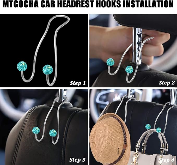 Bling Purse Hook for Car Headrest, Cute Car Seat Hooks (2Pack) | Upgraded,Durable Stainless,Car Purse Hanger,Purse holder,Rhinestones,Bag Hooks,Car Hooks for Purses and Bags Cute,Lake Blue - Image 4
