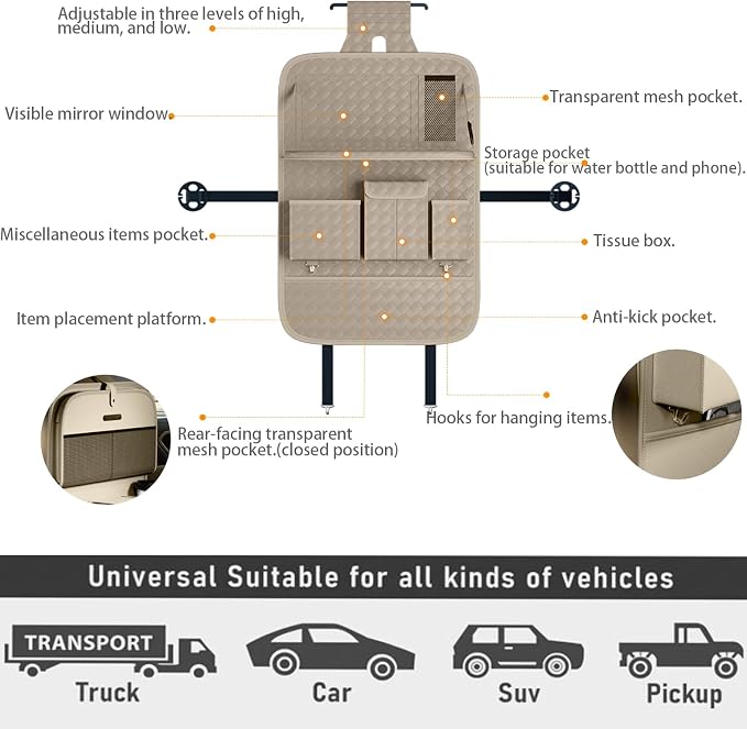XDV Car Seat Organizers,Multi-functional Back Seat Protectors, Storage Pouches, and Tray Holders (for Cars, Kids, Seat Back and Rear Seats) (Woven Beige, 2 Pcs) - Image 8