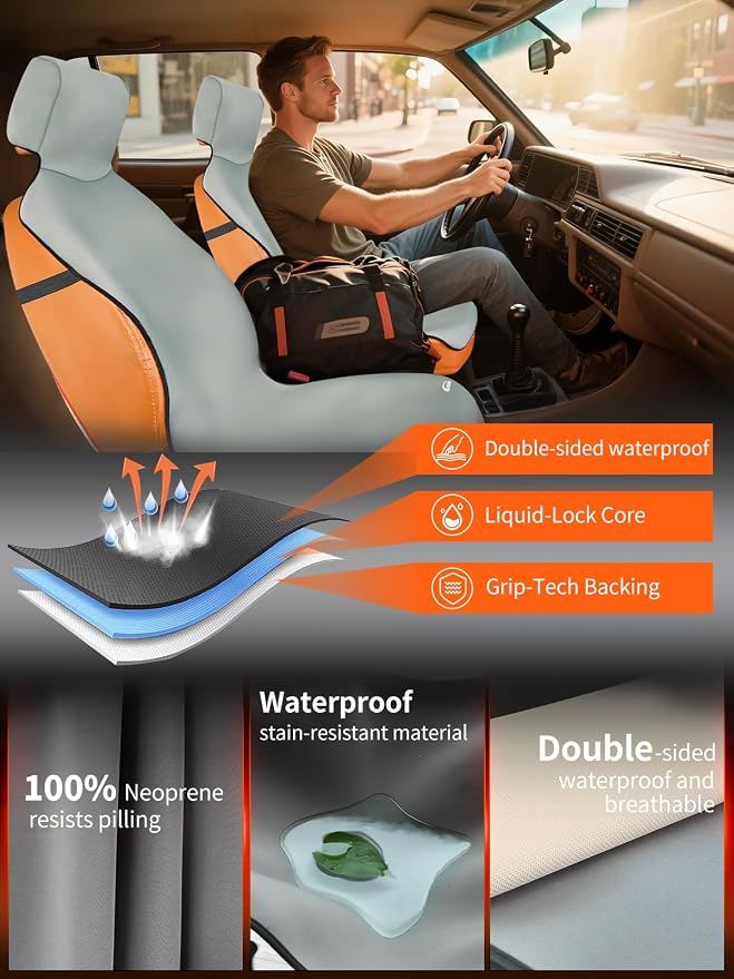 Universal Fit Waterproof Car Seat Cover - Rubber-Based Protection for Athletes, Fitness & Pets - Non-Slip Interior Backing, Includes Seat Belt Protector - Gray - Image 2