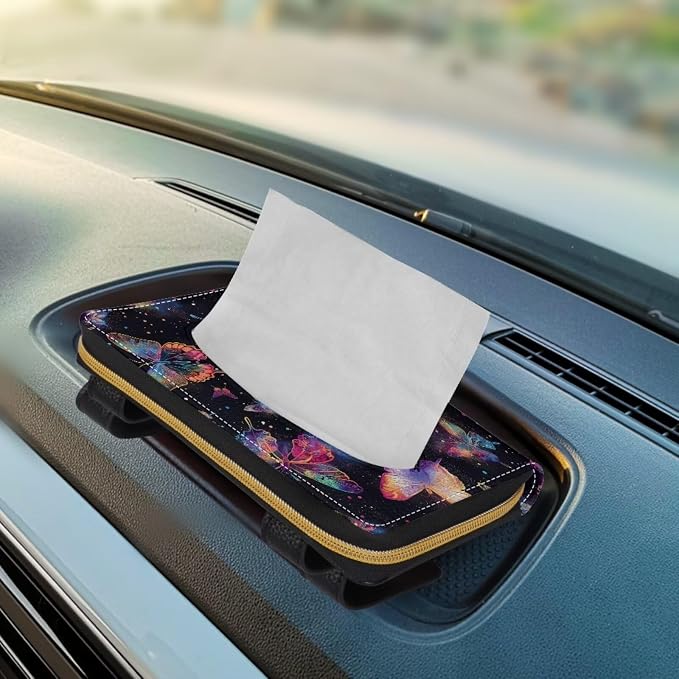 Biyejit 2 Pack Car Tissue Holder, Colorful Butterfly PU Leather Sun Visor Napkin Box Holder, Hanging Tissue Mask Holder with Glasses Clip for Car Visor, Auto, Vehicle Accessories - Image 5