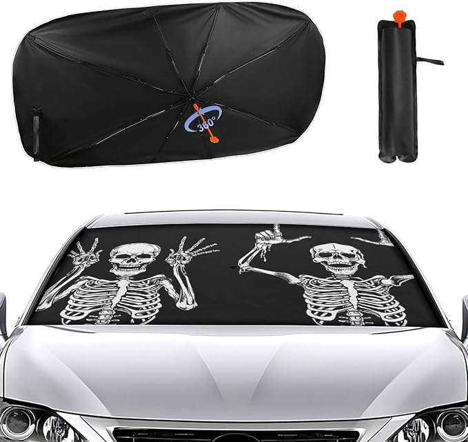 Funny Skeleton Car Windshield Sun Shade Umbrella, Car Windshield Sunshades Cover with 360¡ã Rotation Bendable Handle, Foldable Sun Shade for Most Vehicles - Image 2