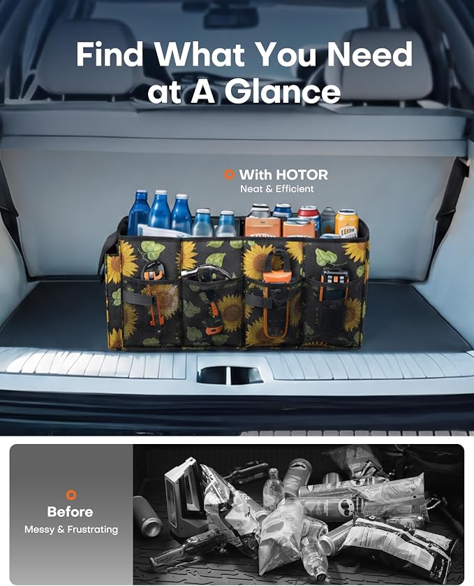 HOTOR Trunk Organizer - Foldable Car Organizer for SUVs & Sedans Storage | Sturdy Car Organization for Men & Women, Car Accessories, Tools, Sundries, Sunflower, 2 Compartments, 21.3" x 12.6" x 10.6" - Image 6