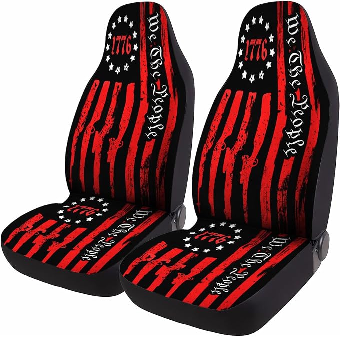 GENANY Vintage Patriotic Flag Car Seat Covers, 2-Piece Front Seat Set | 2-piece polyester front seat cover set, each 35 x 21 x 21 inches, with adjustable straps and hooks - Image 2