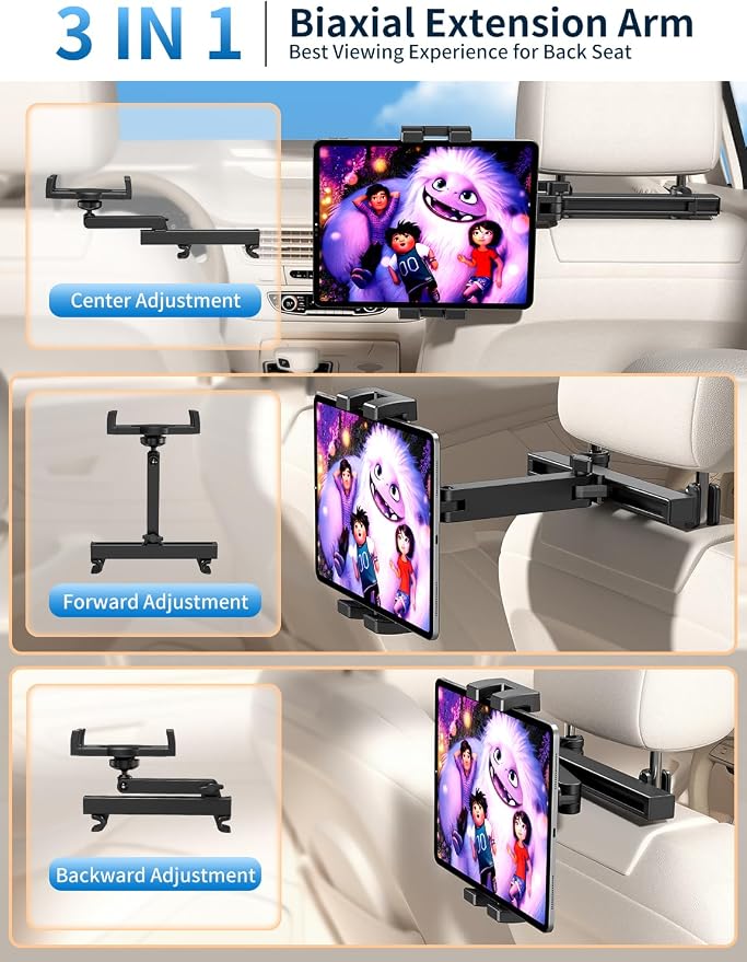 Tablet Holder for Car Headrest, ipad Car Holder Back Seat, Road Essentials | 3 in 1 Adjustable Extension Arm, 360 rotation, ipad Holder for Car for Kids, fits 4.7-12.9" iPad Pro, Air, Mini, Galaxy, Fire - Image 5