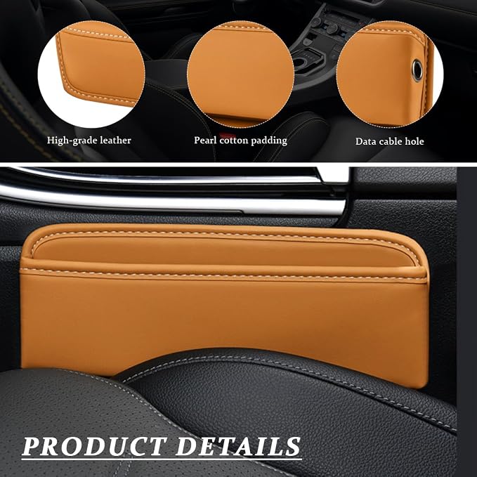 Kewucn Car Seat Gap Organizer, Adjustable Leather Front Seat Gap Filler Storage Box, Multifunctional Auto Console Side Pocket Organizer for Phone Glasses Key Card, Car Accessories (Khaki) - Image 3