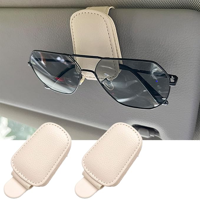 GoldenLife Sunglass Holder for Car, Magnetic Leather Sunglasses Holder and Ticket Card Clip, Car Visor Accessories, 2 Packs（Beige） by Unknown