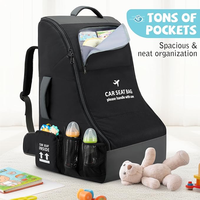 RAINSMORE Padded Car Seat Travel Bag for Airplane Car Seat Backpack, Black | Fits Infant Carrier & Boosters, Heavy-Duty Car Seat Cover for Air Travel Gate Check Carrier Bags for Airport with Side Pocket - Image 7