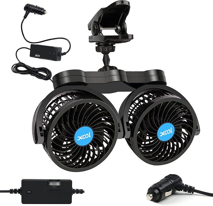 XOOL Clip Car Fan, Adjustable Dual Head 4 Inches 12V Fan for Front/Rear Seat Passenger, 360° Rotatable Electric Car Cooling Fans with Stepless Speed Regulation for SUV, RV, Vehicles by XOOL