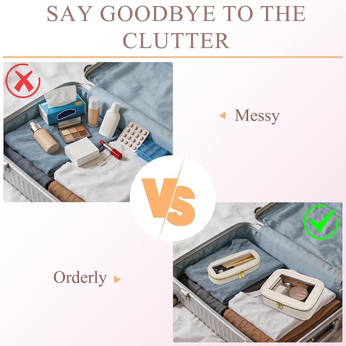 2-Piece Leather Clear Makeup Bag Set, Clear Cosmetic Bag with Zipper, Waterproof Makeup Brush Bag, TSA Approved Toiletry Bag for Travel, Car Organization for Women (Beige-2, Slim+Medium) - Image 6