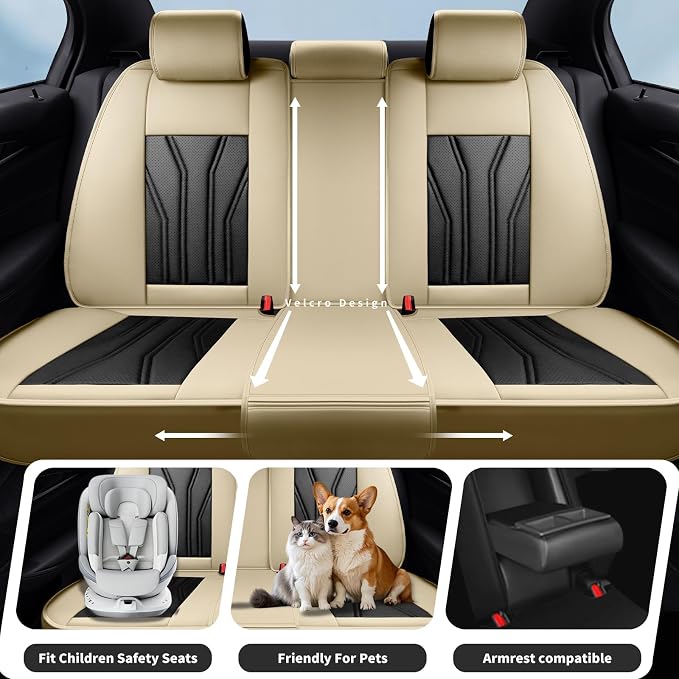 Fit Kicks Car Seat Covers， Compatible with Nissan Kicks 2018-2026 -Premium Leather, Waterproof Breathable All-Weather Seat Cushion Protector Airbag Compatible（2 Seats Front Pair，Beige & Black - Image 3