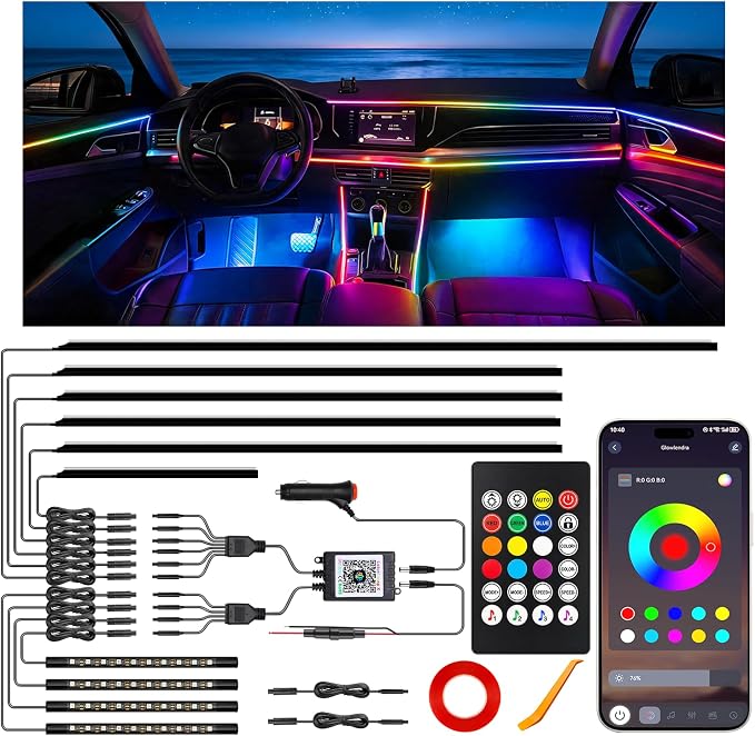 Car LED Strip Lights, Interior Acrylic LED Lights for Car with Dynamic Rainbow Dream Color Chasing, Ambient Lighting Kits Music Sync (10 in 1(4 * 29.5"+43.3"+14.5"+4 Footwell Lights)) by Unknown