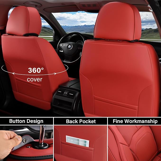 Coverado Seat Covers, Car Seat Covers Front Seats, Premium Nappa Leather Seat Covers for Cars, Waterproof Car Seat Protector with Lumbar Support, Front Seat Covers Universal Fit for Most Cars (Red) - Image 2