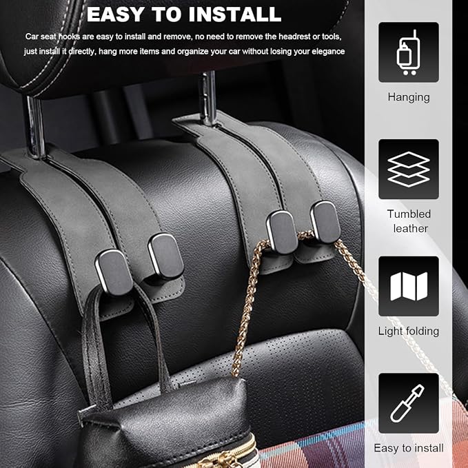 2 PCS Car Seat Headrest Hook, Suede Leather Back Seat Organizer Double Metal Hooks, Universal Headrest Hanger Convenient Vehicle Storage Hook for Purse Handbag Coats (Gray) - Image 5