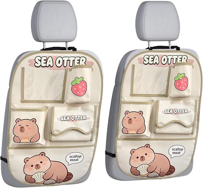 kids Leather Car Backseat Organizer with Foldable Table Tray, Car Storage Organizer with Tablet Holder, Car Seat Back Protectors Kick Mats, Travel Accessories (SEA OTTER2) by QIANKUNCaraccessories