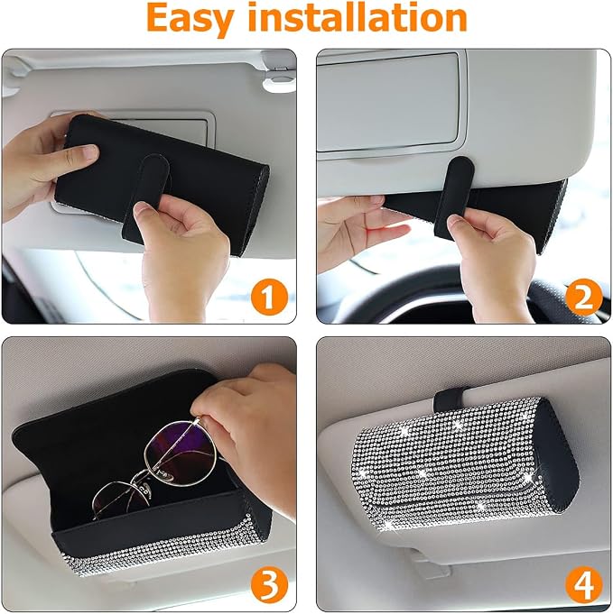 Osilly Bling Car Sunglass Holder for Sun Visor, Sparkling Crystal Leather Automotive Eyeglasses Mount Clip Organizer with Hidden Magnetic Closure for Men Women, Universal for SUV Truck Van（Black） - Image 4
