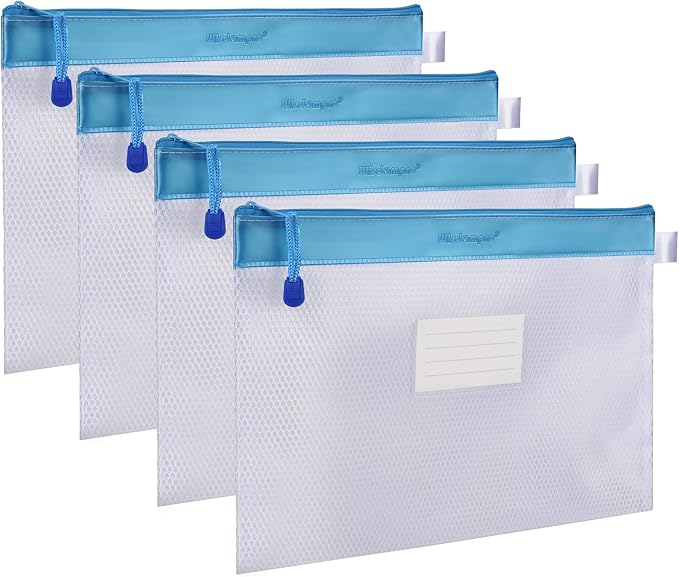 Wisdompro Zipper Pouch, 4 Pack Waterproof Mesh File Bag, Document Organizer | 13.3x9.8", Letter Size Mesh Bag with Outer Label Pocket, Durable, Perfect for File, Paper, Pen, Office, School, Home, Blue by Wisdompro