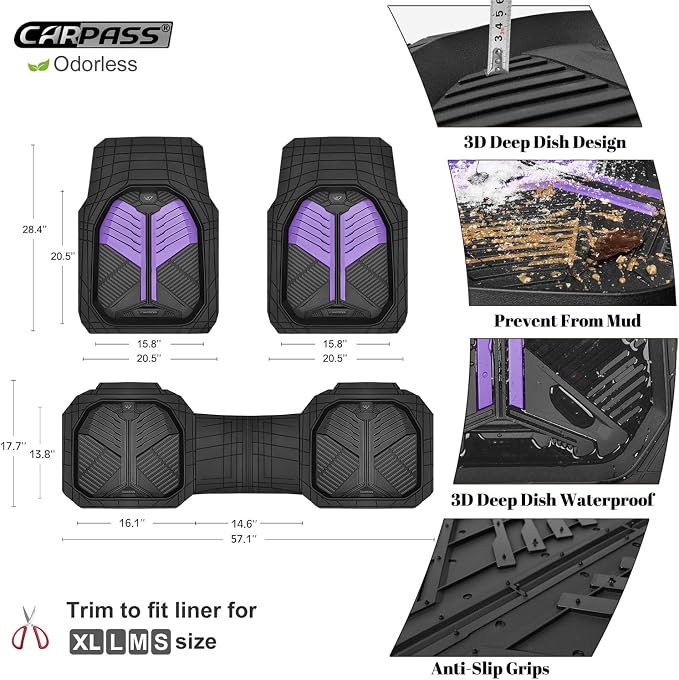 CAR PASS Heavy Duty Rubber Car Mats, Deep-Dish Car Floor Mats All Weather, Universal Two-Tone Trim-to-Fit for SUVs Trucks Sedans, Waterproof Anti-Slip, 3 Pieces V12 Black and Metallic Purple - Image 6