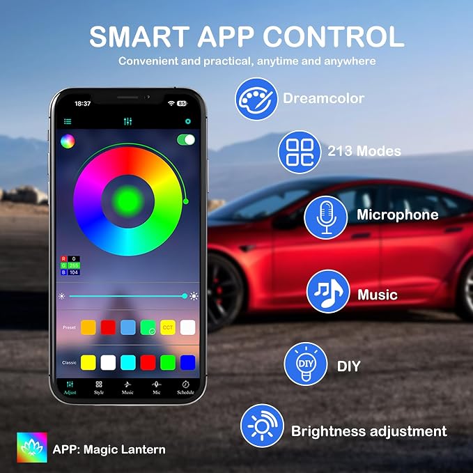 Acrylic Interior Car LED Strip Lights, USB Dreamcolor (6 in 1) | Acrylic LED Lights for Car with Wireless APP and Button Control, RGB Dynamic Chasing, Music Sync Ambient Lighting Kits - Image 4