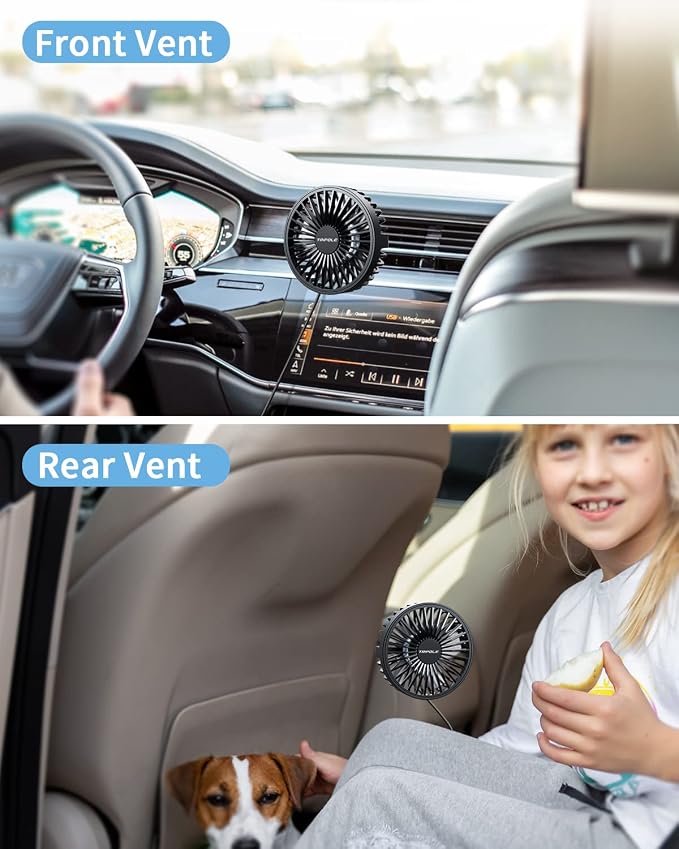 TriPole Car Fan USB Powered, 360°Rotation Portable Cooling Fan for Car Vent | 3-Speed USB Car Fan, Vent Clip Design, Powerful Wind, Quiet Brushless Motor, Air Circulation for Vehicle, Van, Truck, SUV, RV - Image 4