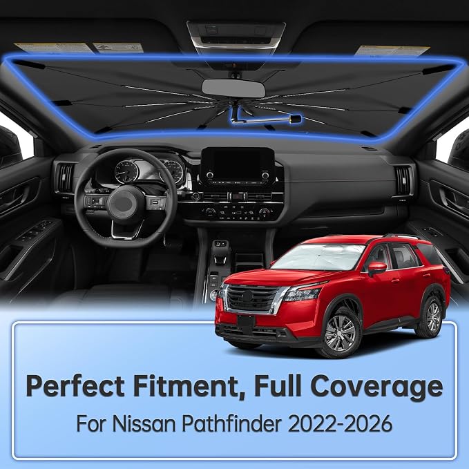 Windshield Sun Shade Umbrella for Nissan Pathfinder 2022-2026 Front Window | Foldable Car Sunshade, 360 Rotation Automotive Interior UV Protection for Outdoor Parking, Keep Car Cool - Image 2