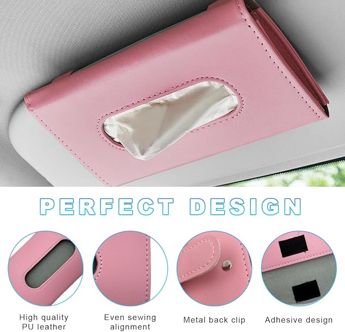 Ohleats Car Tissue Holder, Leather Sun Visor Napkin Holder, Auto Backseat Tissue Mask Case Dispenser for Most Vehicles, Universal Interior Car Accessories Hanging Tissues (Pink) - Image 3