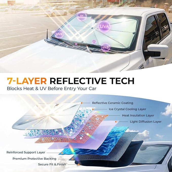 [2026 Upgraded] DooGooCoo Windshield Sun Shade Umbrella for Chevy Silverado [100% Sunlight Blocked, Cooling Ice Crystal] Sunshade for Car Windshield for Silverado Sun Shade 2019-2026. - Image 4