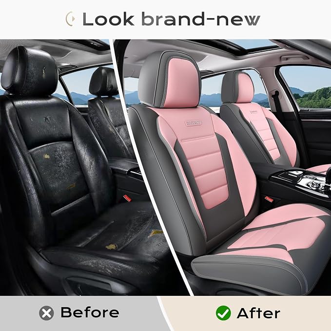Coverado Car Seat Covers Front, Seat Covers for Cars, Waterproof 2-Pack Car Seat Cushions, Leather Carseat Seat Protectors, Universal Seat Covers Fit for Most Sedans SUV Pick-up Trucks(Gray&Pink) - Image 7
