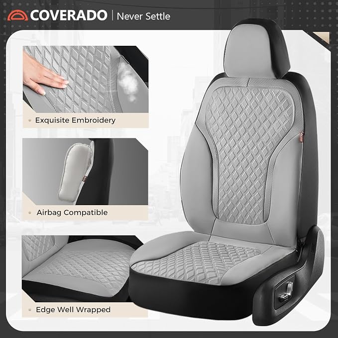 Coverado Car Seat Covers for Front Seats, Luxury Diamond Leather Car Seat Cover with Carbon Fiber Weave, Waterproof Automotive Seat Protectors 2-Pack, Driver Seat Covers Universal Fit Most Cars,Gray - Image 3
