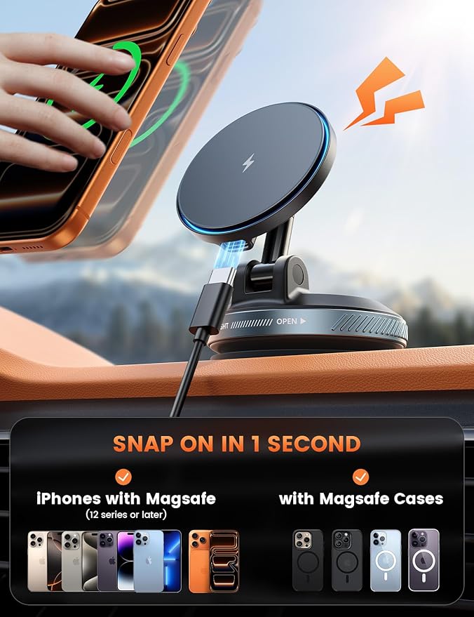 Lamicall 15W for MagSafe Car Mount Charger, 360° Wireless Car Phone Holder | Dual USB-C Ports Magnetic Phone Holder for Car, 70 LBS Vacuum Suction Phone Mount for iPhone 17 16 Pro Max Truck Jeep Black - Image 5