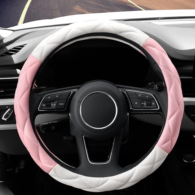 YHONGJT Cute Soft Microfiber Leather Anti-Slip Steering Wheel Cover, Universal 15 Inch for Women Girls, Fit Vehicles, Sedans, SUVs, Vans, Trucks - Light Pink and White - Image 2