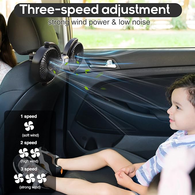Trustnice USB Car Fan for Backseat for Kids, Dual Head Car Seat Fan Independently Controlled 360° Rotatable Powerful 3-Speed Vehicle rear headrest Air Circulation Cooling Fans for SUV Truck Sedan - Image 3