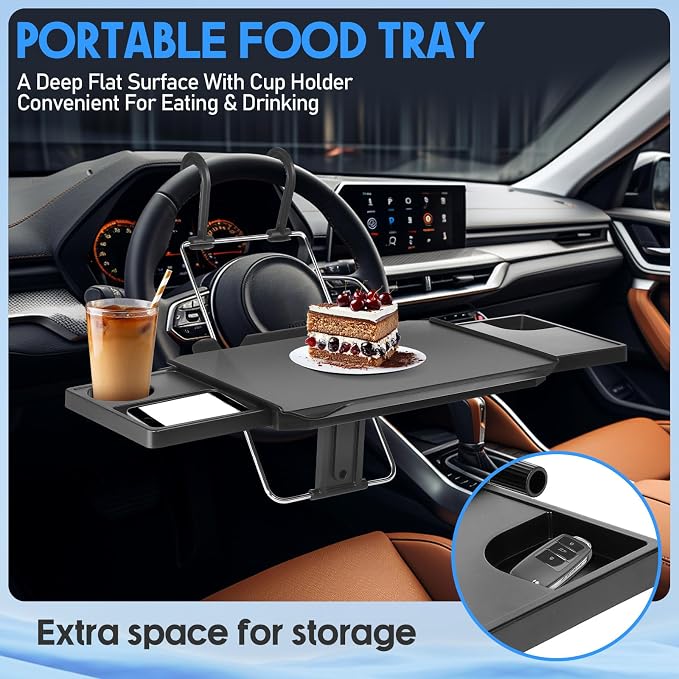 Large Car Steering Wheel Tray Back Seat Headrest Steering Wheel with Phone Holder Desk Food Table for Eating Food and Writing Work, Car Desk Laptop Mount Gifts for Father Truck Driver(3 in 1) - Image 3