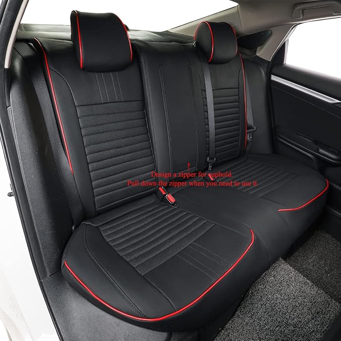 EKR Civic Seat Covers Custom Fit for Honda Civic (Sedan) Sport 2022-2024 & LX 2025-2026 (Rear Backrest One Piece W/NO Armrest),Waterproof Car Seat Cover Full Set,Faux Leather (Black with Red Trim) - Image 6