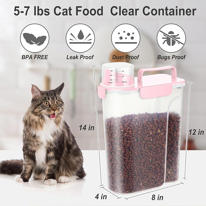 Dog Cat Food Storage Container with Cup (Pink, 5L) | Pet Food Pourable Container Airtight with Large Spout, BPA-Free Plastic Food Dispenser for Pet Food, Bird Seed, Rice, Flour - Image 2