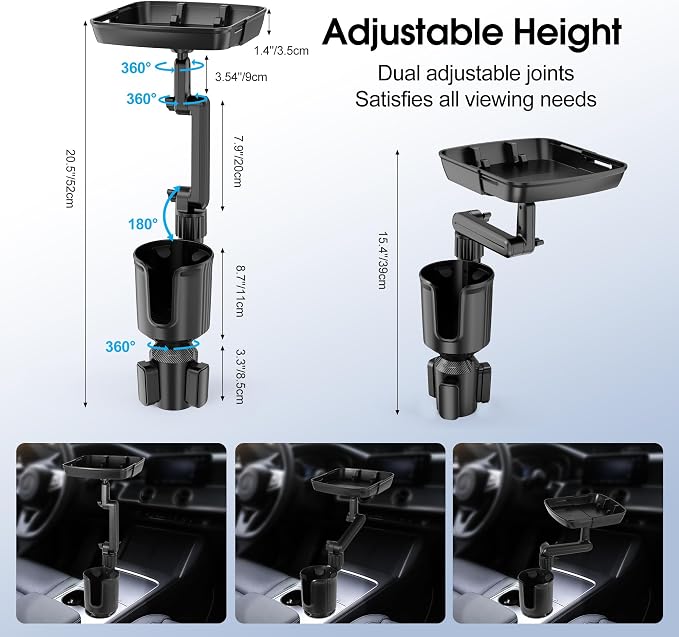 Car Cup Holder Tray, Cup Holder Expander 20.5" Height Adjustable Arm Car Food Tray Table for Eating with Phone Holder Road Trip Essential fit Most Bottles - Image 6