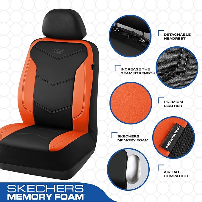Skechers Memory Foam Seat Covers,Leather Car Seat Covers, Ultimate Comfort & Support Seat Covers Full Sets Airbag Compatible, Automotive Universal Fit Most for SUVs, Vans, Sedans, Cars, Trucks,Orange - Image 3