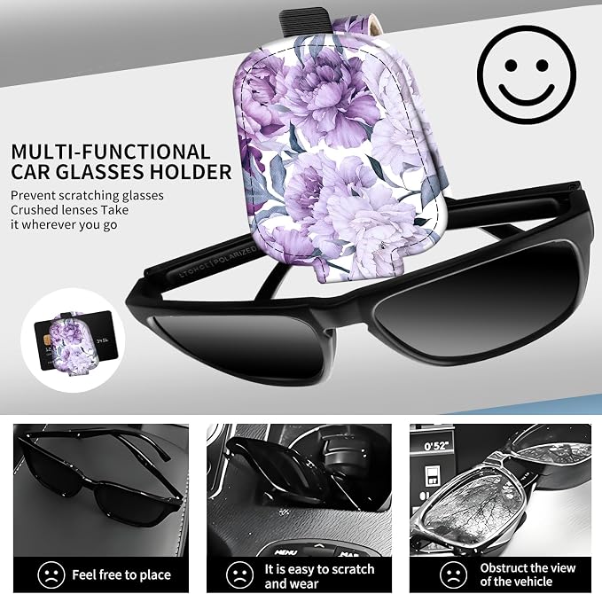 Leather Magnetic Sunglass Holder for Car Sun Visor, Cute Eyeglass Ticket Card Hanger Clip, Universal Auto Interior Accessories for SUV Pickup Truck Purple Floral - Image 2