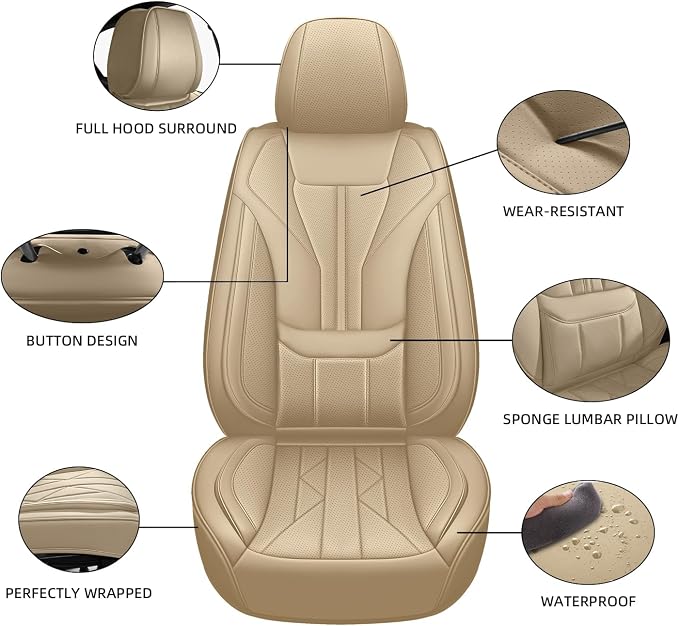 HChengkikz Car Seat Covers Full Set, Full-Wrap Faux Leather (Beige) | Universal Fit for SUV Truck Pickup Sedan, Waterproof with Memory Foam Lumbar Support, Airbag Compatible - Image 3