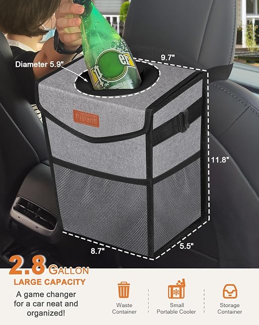 Pritent Car Trash Can with Lid Leakproof Car Garbage Bag Vehicle Trash Bin | Hanging Automotive Garbage Can,Multipurpose Car Accessories for Women Men Interior Car Storage Organizer(2.8 Gal,Grey) - Image 2