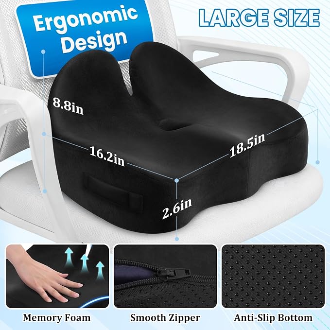CushZone Ergonomic Seat Cushion, Sciatica Support for Office Chair, Black | Large Size for Sciatica & Hip & Tailbone Pain Relief, Memory Foam Office Chair Cushion for Car, Long Trip, Desk Chair, Lab - Image 2