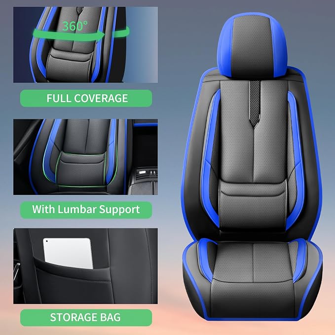 Fit Rogue Car Seat Covers for Nissan Rogue 2014-2024 2025 2026 -Upgraded Premium Waterproof & Breathable Leather,Airbag Compatible,All-Weather Seat Cushion Protector,2 Front/Black-Blue - Image 8