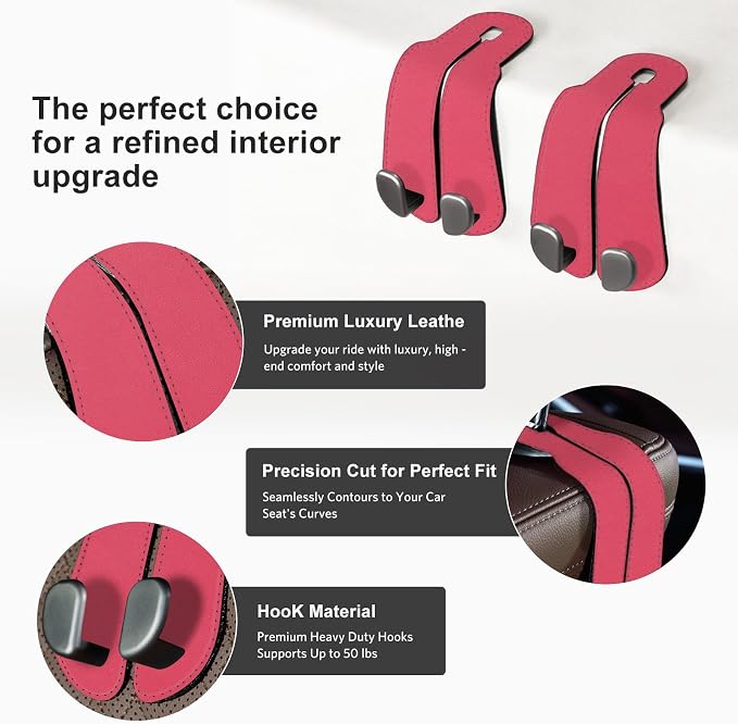 CoBak Purse Hook for Car - Universal Premium Stitched Leather and Aluminum-Magnesium Alloy Double Car Seat Back Storage Hook for Purses, Handbags, Bags (2 Pack),Raspberry - Image 3