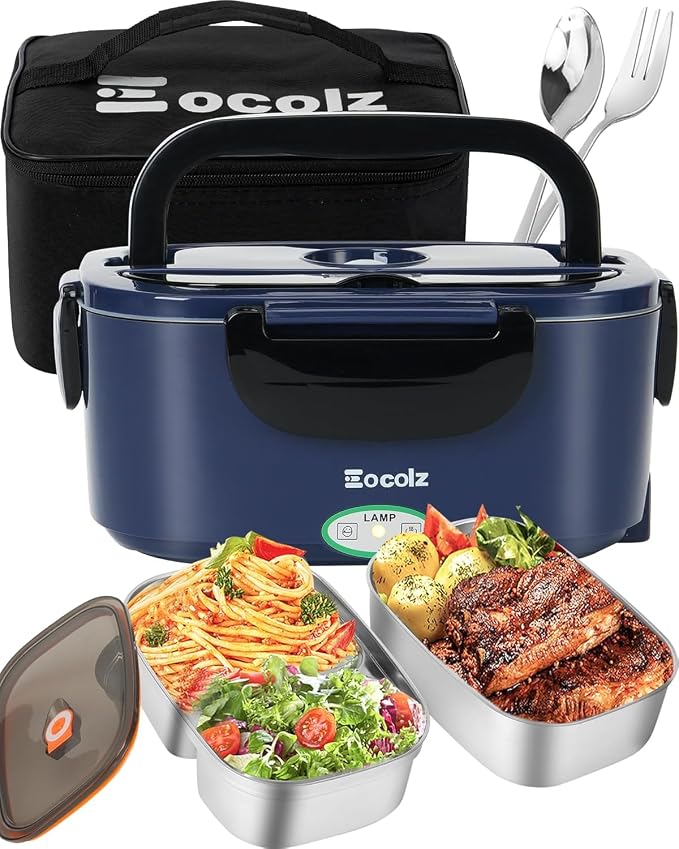 Electric Lunch Box Food Heater 80-100W, Food Warmer with Dual Container 1.5L Portable Heated Lunch Box for Car Truck Work Stainless Steel Fork & Spoon 12/24/110V for Adults Lonchera Eléctrica by Eocolz
