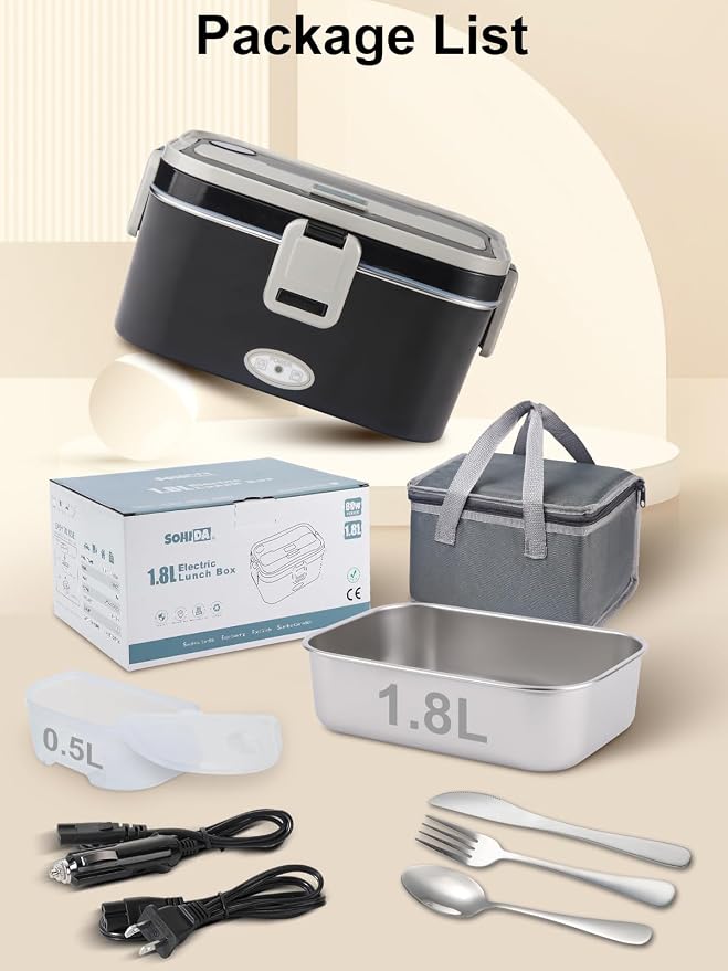 SOHIDA 1.8L+0.5L Heated Lunch Box for Men, 80W Electric Lunch Box with Long-handled Utensils for Adults, 12V/24V/110V Lonchera Eléctrica Portátil, Portable Food Warmer for Car/Truck/Office (B/G) - Image 7