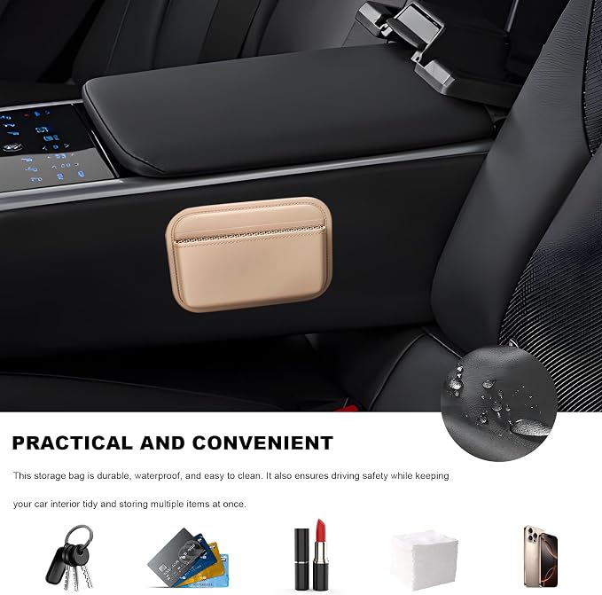 Car Seat Side Pocket Organizer, Mini Leather Auto Door Storage Bag Console Side Organizer, Multifunctional Seat Gap Pocket Storage Pouch for Phone Pen Key Sunglass (Beige) - Image 5