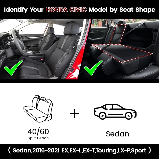 HKZ Custom Fit Civic Seat Covers for Honda Civic Sedan 2016 2017 2018 2019 2020 2021 EX,EX-L,EX-T,Touring,LX-P,Sport - 5-Seats Leather Full Set,Black - Image 2
