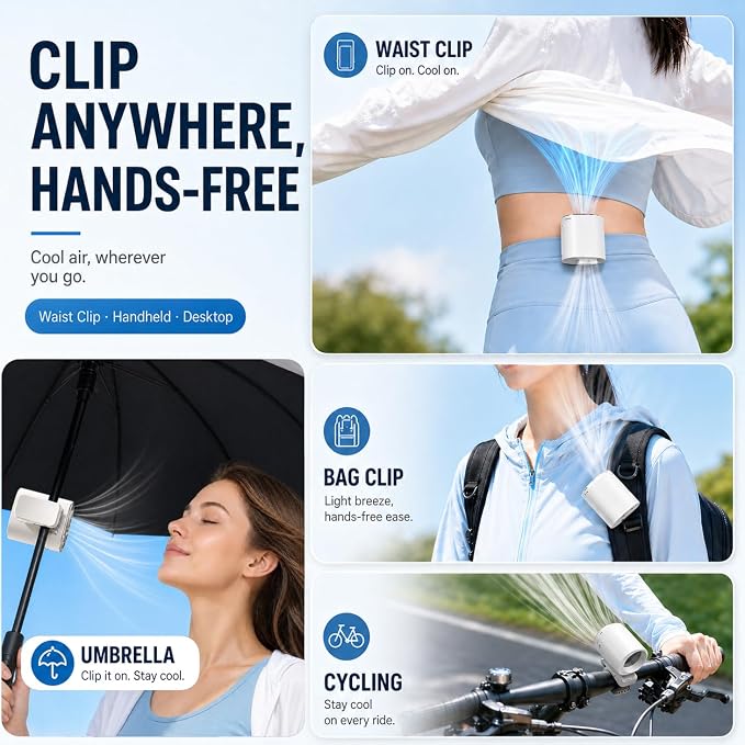 Clip on Fan, 360° Rotate Wearable Mini Fan, 199 Speeds LED Display | 4-in-1 clip fan for car seat, hat & waist. 199 speeds, LED display, 360° rotate, 2000mAh battery, lanyard included. - Image 5
