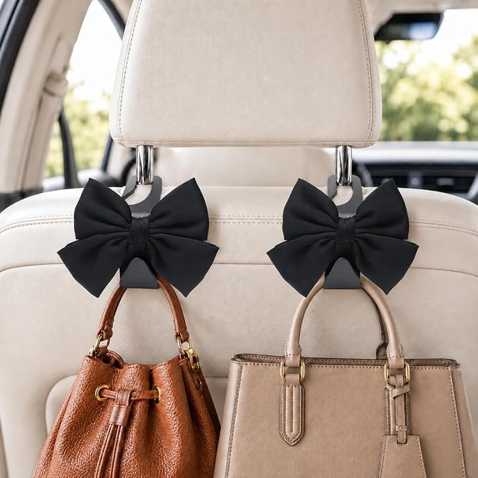 2 Pack Car Purse Hooks, Headrest Hooks for Cars, Black silk | Car Bag Hanger for Groceries, Coats, Umbrellas and Daily Essentials, Bow-Shaped Car Interior Organizer for Handbags and Bags by Unknown