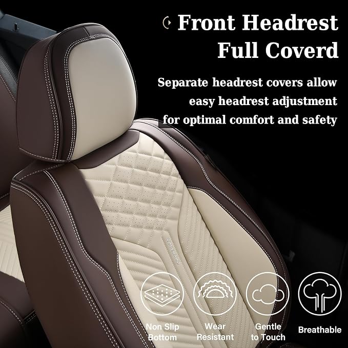 Coverado Leather Car Seat Covers Full Set, 5 Seats Waterproof Seat Covers for Cars Front and Rear Seat Cushions Protectors Universal Fit Most Vehicles (Bronw&Beige) - Image 7