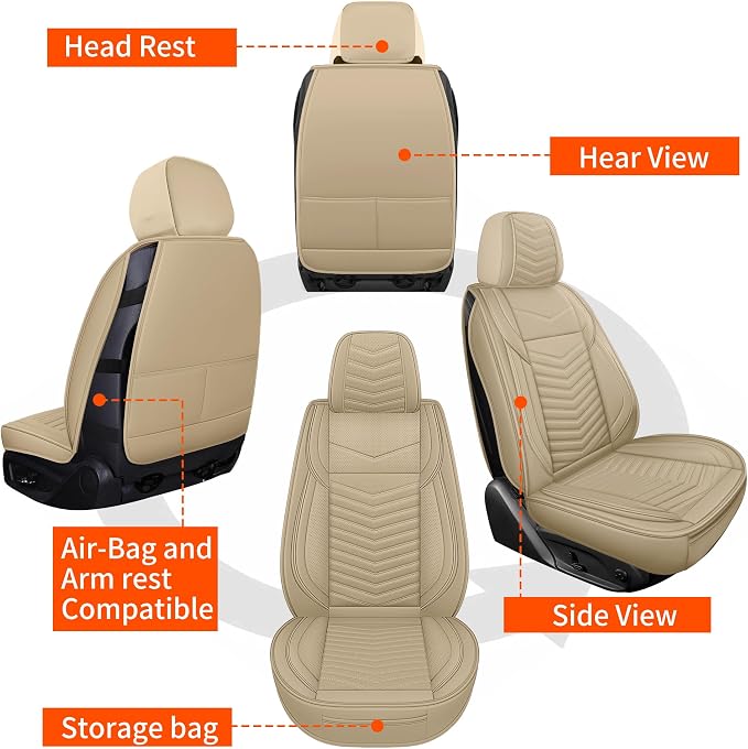 HChengkikz Nappa Leather Car Seat Covers Front Seats, Beige Car seat Protector, Waterproof Car Seat Cushion, Universal Automotive Seat Covers Fit for SUV Truck Pick-up Sedan and Most Cars | Easy Maintenance, Airbag Compatible, Universal Fit For Most SU... - Image 6